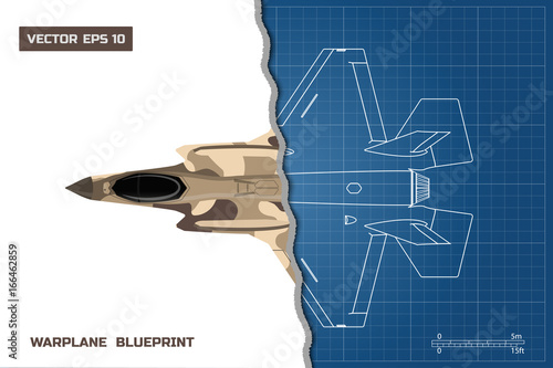 Drawing of military aircraft. Industrial blueprint. Top view. Fighter jet. War plane with external weapons. Vector illustration.