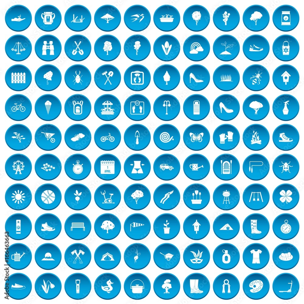 100 spring icons set blue