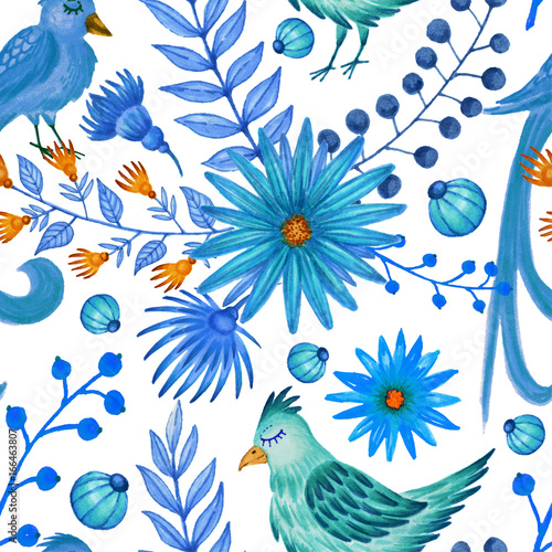 Hand painted markers bright herbal yellow and blue seamless pattern with birds of happiness