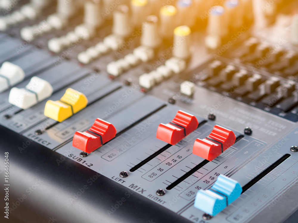 button line of audio sound mixer console. Flare light. button line of audio sound mixer console. Flare light.