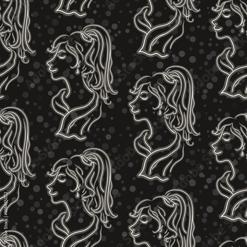 Young Women, Seamless Pattern, White Contours Isolated On Tile Black Background. Vector