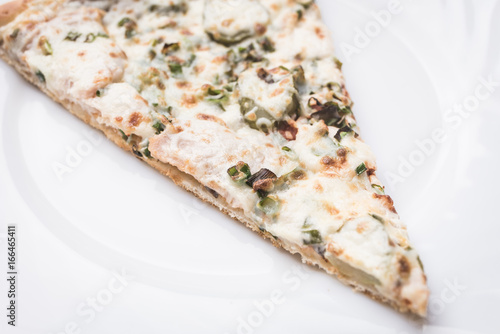 Piece of pizza closeup on a white plate
