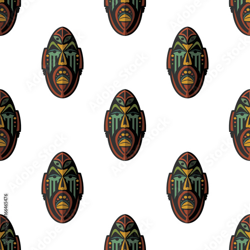 African mask seamless pattern vector illustration background. Flat icon. Ritual symbol.
