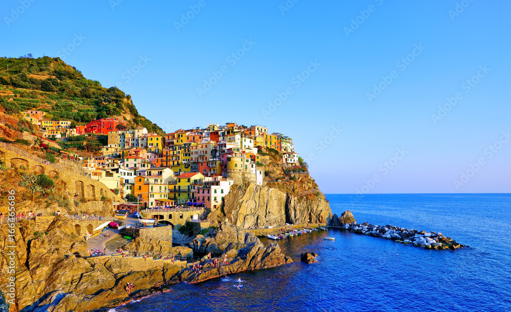 View of the Manarola village along the coastline of Cinque Terre area in Italy.