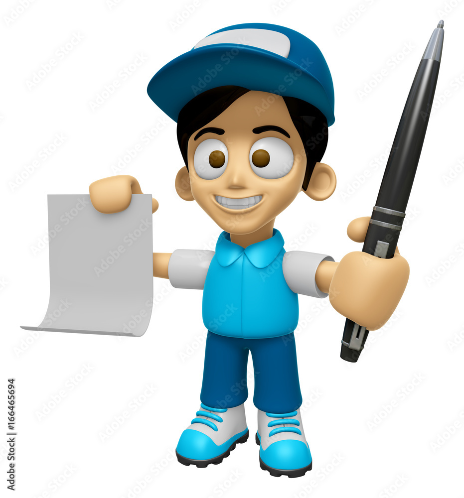 3D Delivery Service Man Mascot hand is holding a Document and ballpoint pen. Work and Job Character Design Series 2.