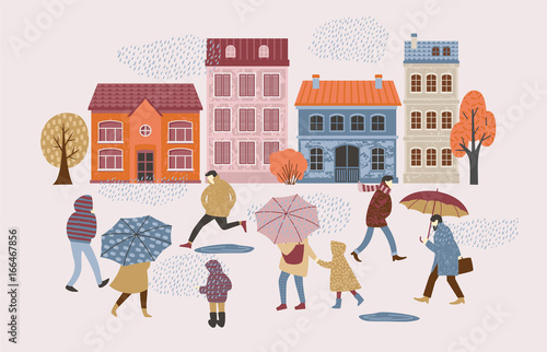 Vector illustration of people in the rain. Autumn mood.