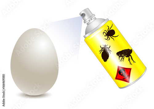 Verseuchtes Ei, Skandal um verseuchte Eier, Lebensmittelskandal,
Ei mit Sprayflasche, Insektiziden Spray, 
Vektor Illustration Isoliert auf weißem Hintergrund