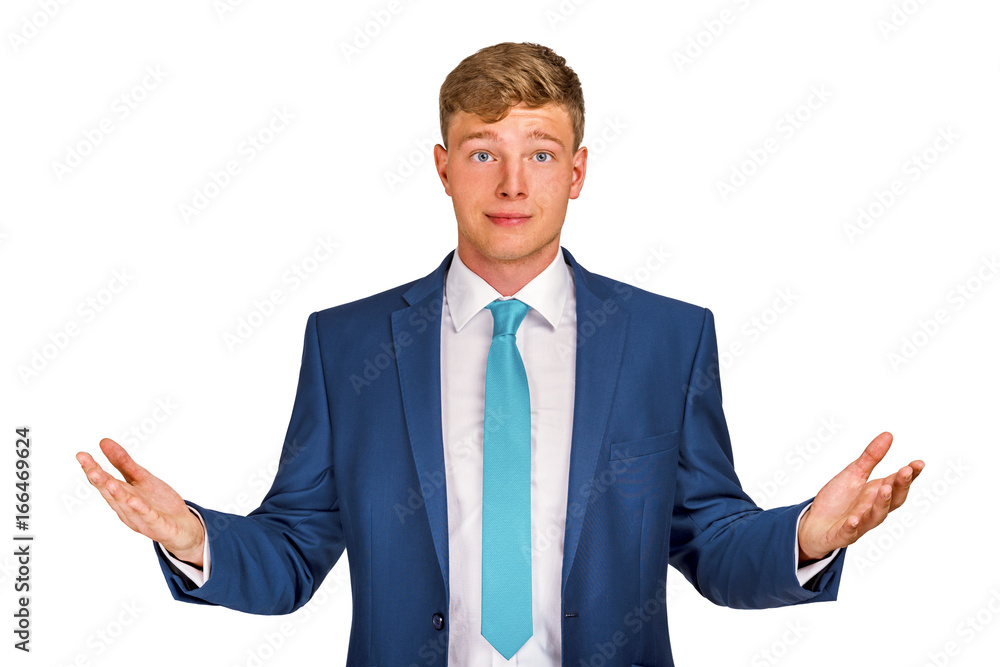 Young business man with open arms, isolated over white bacground, caucasian. Young business man with open arms, isolated over white bacground, caucasian.