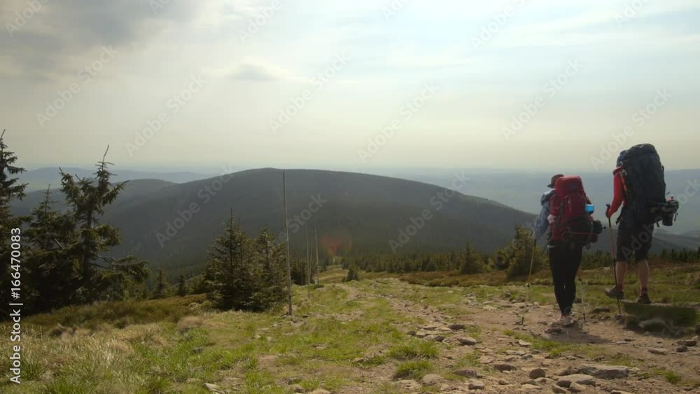 Hiking couple: two hikers (man and woman) walking together on the trail with backpacks, european woodlands, czechia