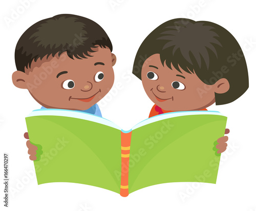 Cartoon kids reading book vector Mexican, half-breed,