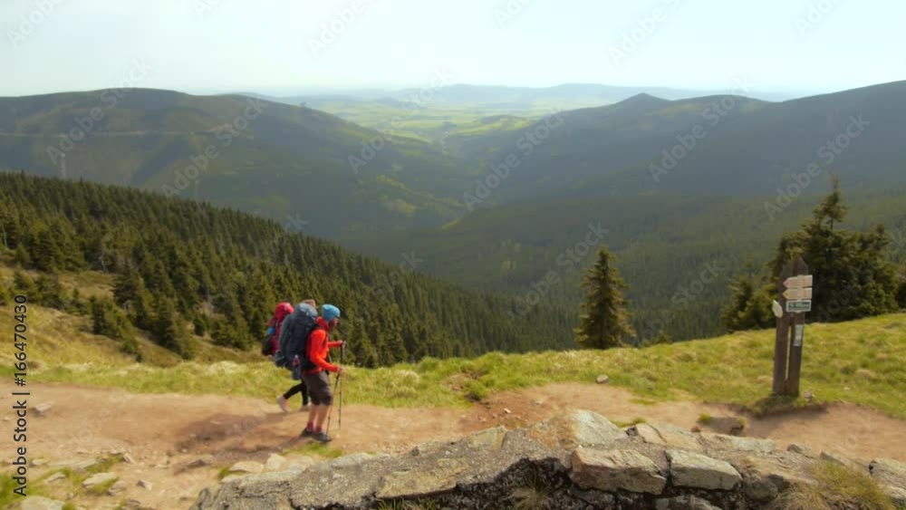 Hiking couple: two hikers (man and woman) walking together on the trail with backpacks, european woodlands, czechia Hiking couple: two hikers (man and woman) walking together on the trail with backpacks, european woodlands, czechia