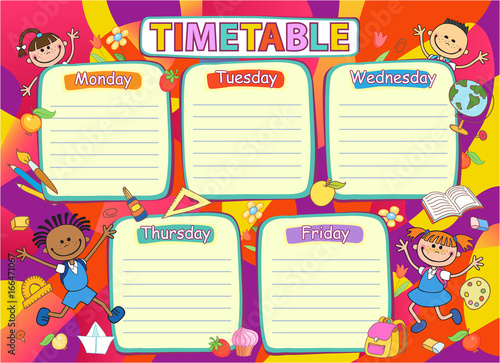 School timetable schedule, colorful vector illustration.