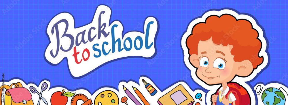 banner back to school boy pupil lettering logo vector banner back to school boy pupil lettering logo vector