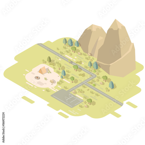 Isometric flat landscape with road and mountains