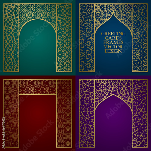 Greeting cards golden frames set. Vintage design of template in oriental style.