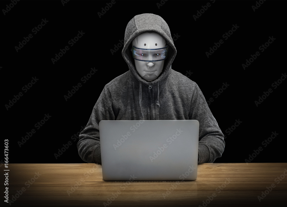 robot hacker working with computer notebook robot hacker working with computer notebook