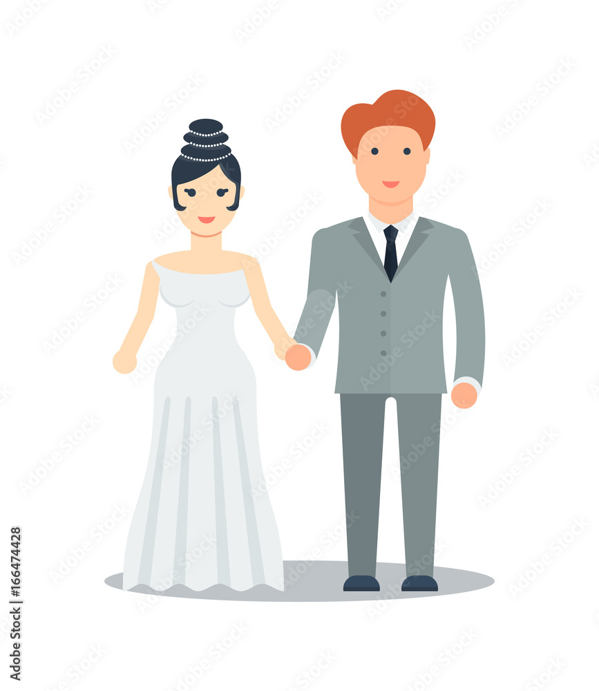 Happy young just married icon vector illustration isolated on white background. Happy bride and groom couple. People relationship, family concept in flat design.