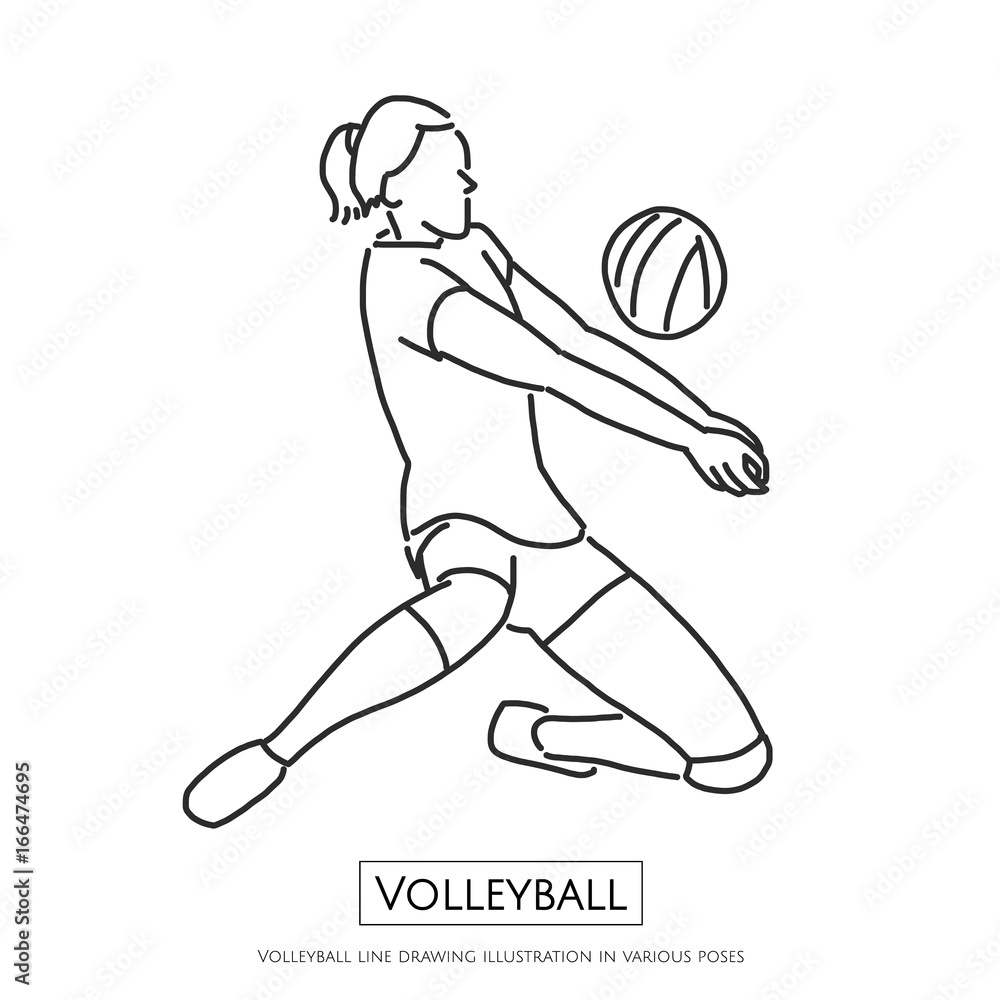 Volleyball line drawing illustration in various poses, line drawing vector illustration graphic design