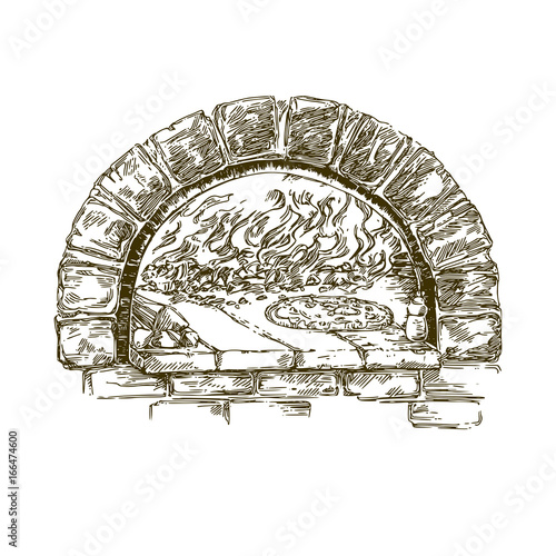Italian food. Pizza in firewood oven. Engraving. Vintage style. Vector illustration