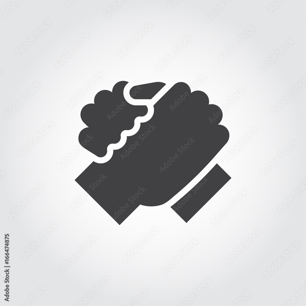 Handshake of two people icon in flat design style. Simple black logo for brotherly support, meeting, armwrestling, business teamwork concept image. Contour arm silhouette. Vector illustration Handshake of two people icon in flat design style. Simple black logo for brotherly support, meeting, armwrestling, business teamwork concept image. Contour arm silhouette. Vector illustration