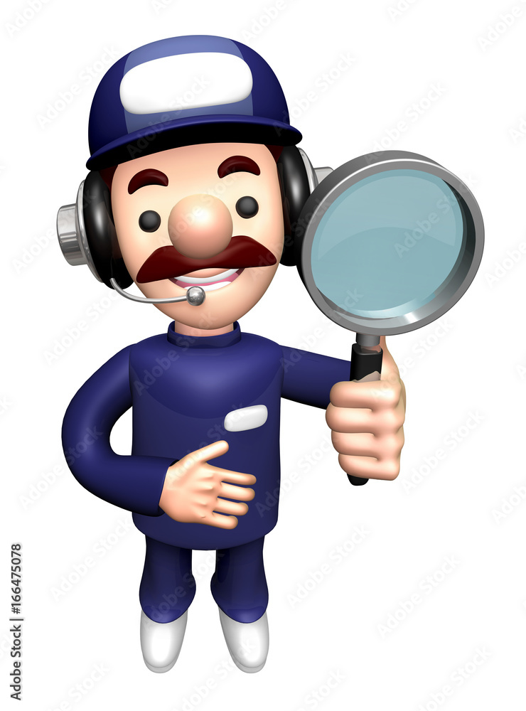 3D Engineer Mascot is holding a Magnifying Glass.