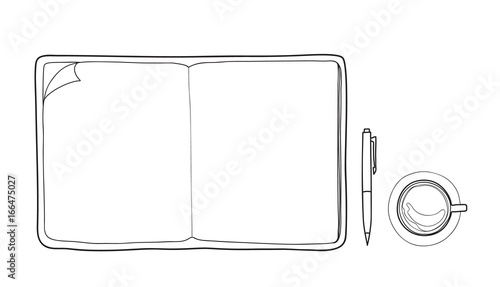 Notebook and coffee cup, pen, Top view hand drawn vector line art illustration