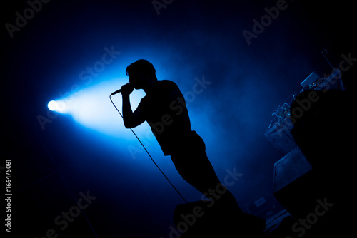 Foto Artist singing in microphone in stage lights