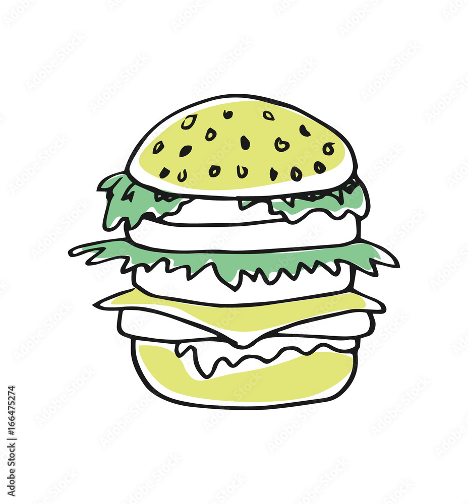 American fast food, hamburger hand drawn icon isolated on white background vector illustration. American ethnic culture element, traditional symbol. American fast food, hamburger hand drawn icon isolated on white background vector illustration. American ethnic culture element, traditional symbol.