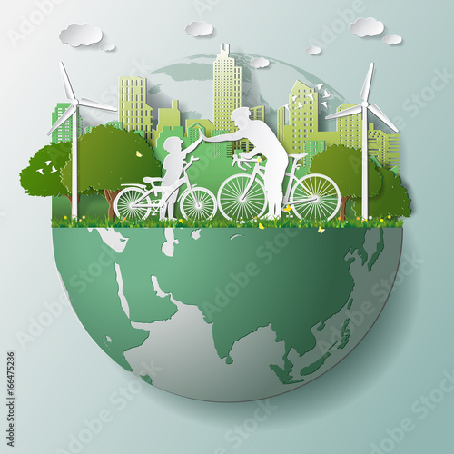 Paper folding art origami style vector illustration. Green renewable energy ecology technology power saving environmentally friendly concepts, father son join hands cycling in parks near city on globe