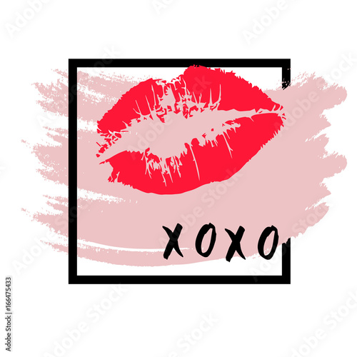 XOXO hugs and kisses lipstick kiss on a white background.