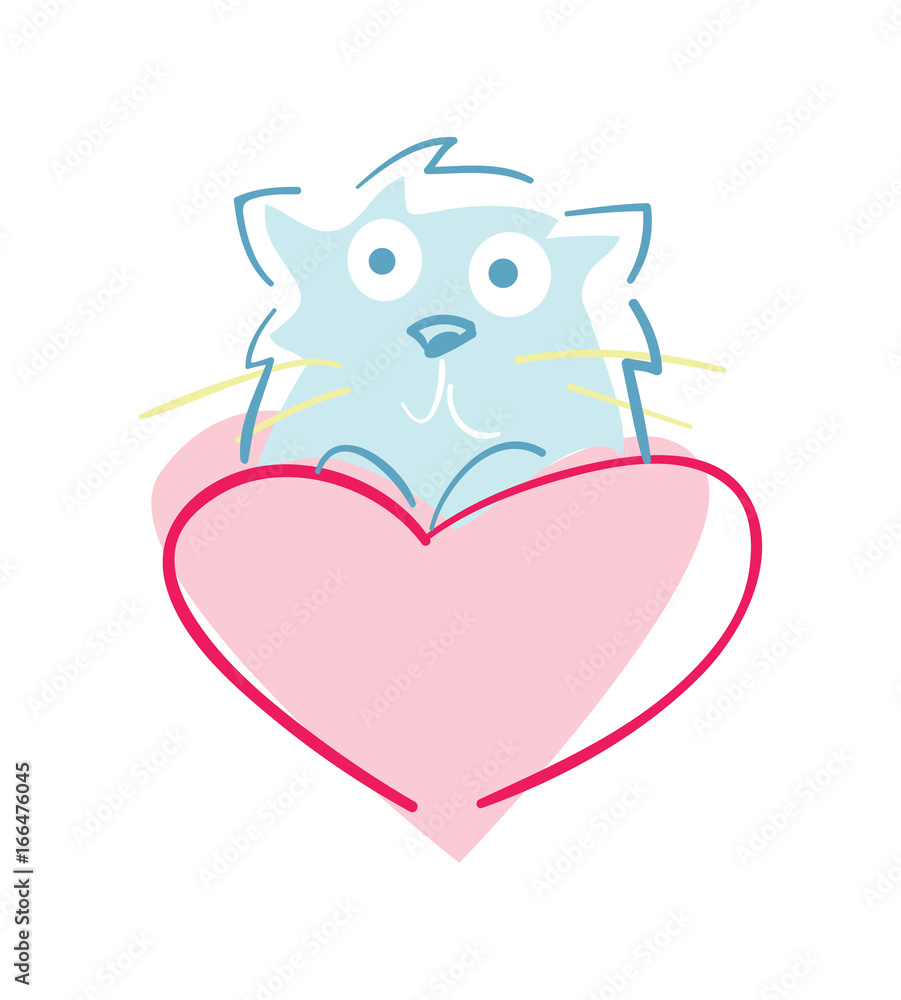 Happy valentine day isolated icon with cat holding heart. Love and wedding romantic symbol, just married hand drawn vector illustration.