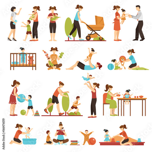 Babysitter Flat Set Of Decorative Colored Icons © Macrovector