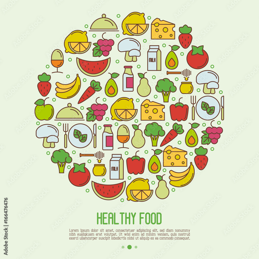 Organic food concept in circle with thin line icons of fresh natural products, vegetarian groceries. Vector illustration for banner, web page about healthy nutrition.