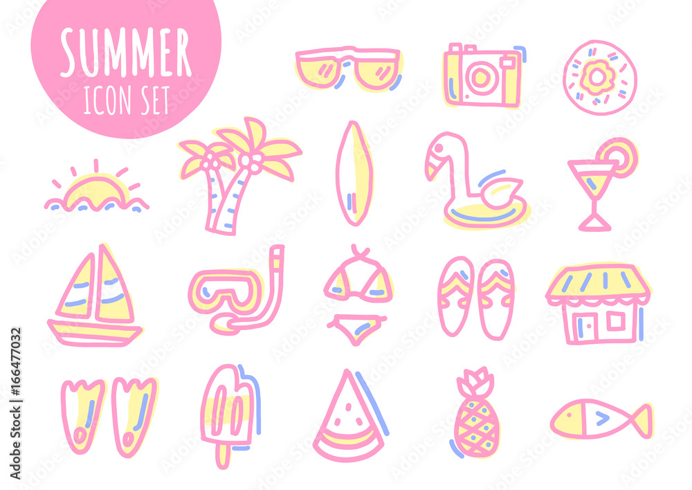 Summer icon set hand drawn. line drawing. vector illustration. and doodle art. Summer icon set hand drawn. line drawing. vector illustration. and doodle art.
