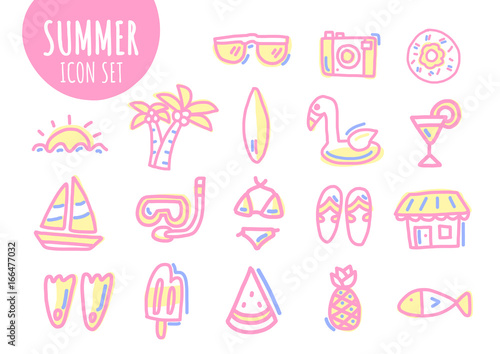 Summer icon set hand drawn. line drawing. vector illustration. and doodle art.