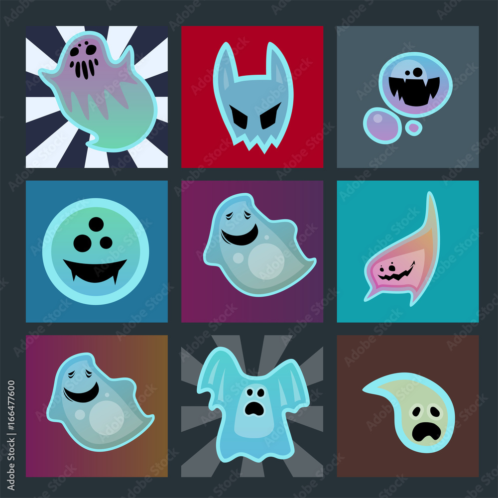 Cartoon spooky ghost character scary cards monster costume evil silhouette  creepy phantom spectre apparition vector illustration. Stock Vector | Adobe  Stock