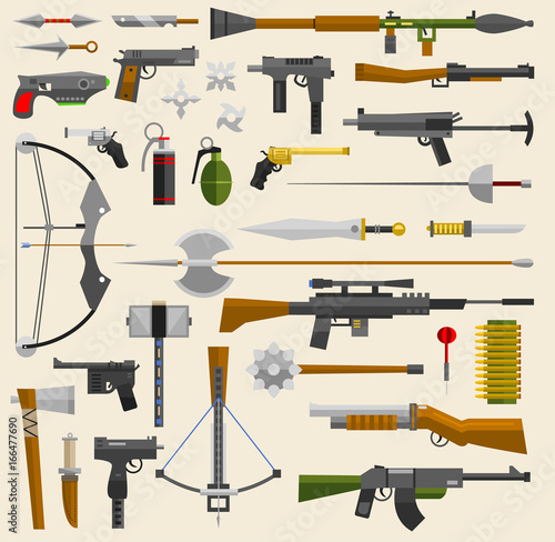 Hunter and war military weapon vector illustration. Knifes, guns, arrows