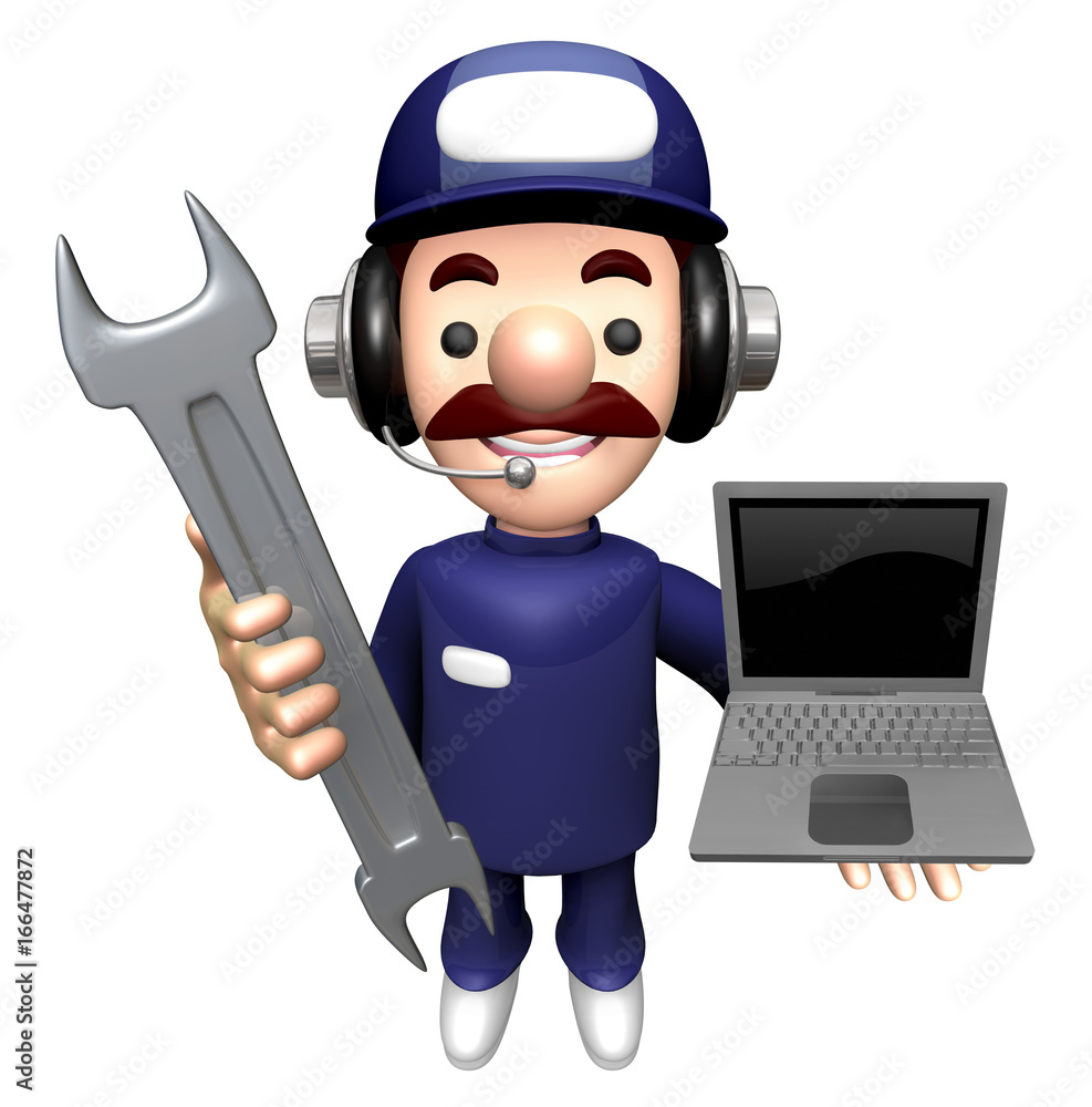 3D Mechanic Mascot is holding the Spanner and Laptop. 3D Mechanic Mascot is holding the Spanner and Laptop.