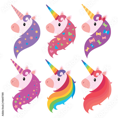 A set of portraits of unicorns in cartoon style. A collection of colored unicorns. Mimic animals. Art.