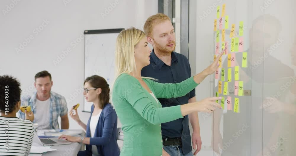 Side view of young man and woman standing near glass wall in office and putting bright stickers creating diagram of new project. Side view of young man and woman standing near glass wall in office and putting bright stickers creating diagram of new project.
