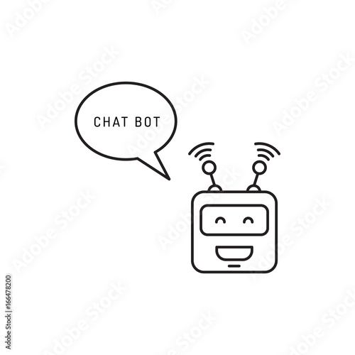chatbot and speech bubble outline concept of app, media soft dialogue script, Robot outline icon style graphic logotype design isolated on white background