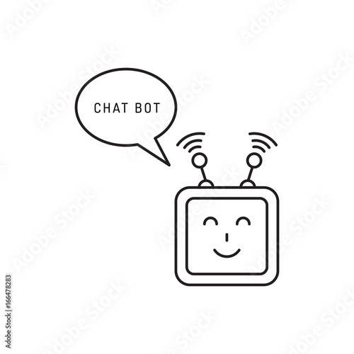 chatbot and speech bubble outline concept of app, media soft dialogue script, Robot outline icon style graphic logotype design isolated on white background