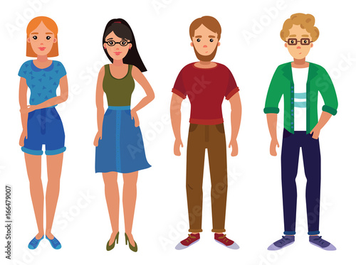 Set of young people. A collection of students in cartoon style. Constructor of an adult. Vector illustration of guys and girls. Drawing for children. Art.