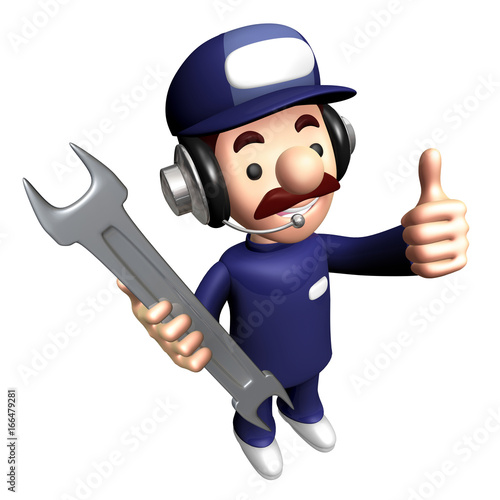 3D Engineer Mascot a gesture of thumb holding a wrench.