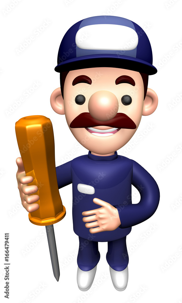 3D Repair Person Character is holding a screwdrive. 3D Repair Person Character is holding a screwdrive.