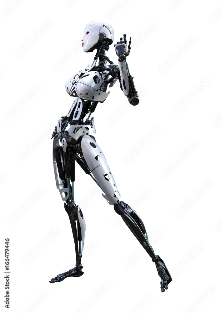 3D Rendering Female Robot on White