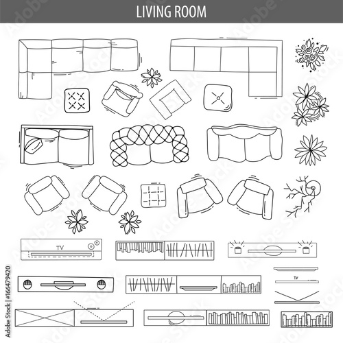 Set of linear icons for Interior top view plans