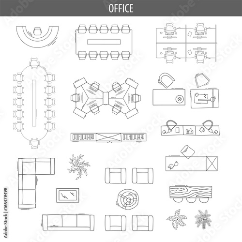 Set of linear icons for Interior top view plans