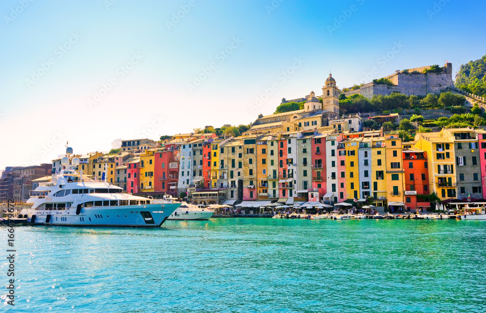 View of the colorful houses along the coastline of Cinque Terre area in Portovenere, Italy.