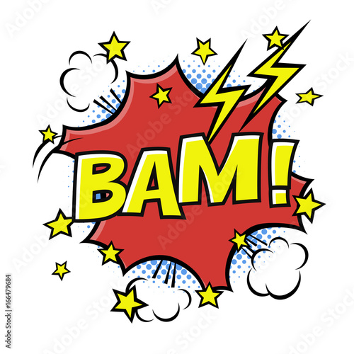 BAM! phrase in speech bubble. Comic text. Vector bubble icon speech phrase. Comics book balloon. Halftone background.
